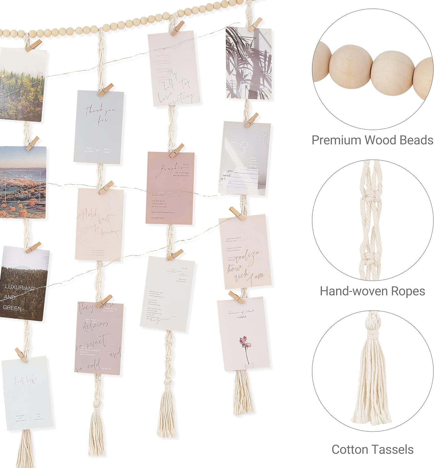 Mkono Macrame Hanging Photo Display Wall Decor with String Lights, Boho Wooden Beads Garland Collage Picture Card Frame Holder with 45 Clips for Bedroom Living Room Dorm, Teen Girls Christmas Gifts