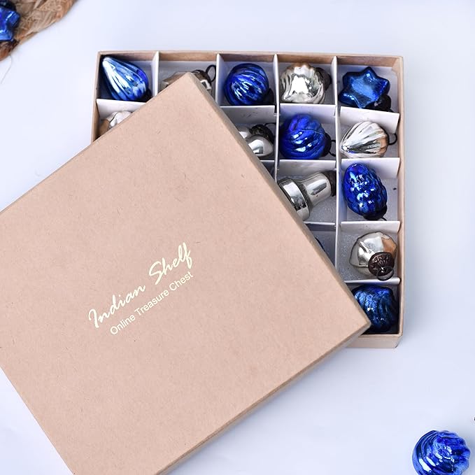 IndianShelf 200 Pieces Silver & Blue Glass Vintage Christmas Ornaments Mini Bulk Decorative Ornaments for Halloween, Christmas Tree, New Year, Valentine Day, Holidays, Event & Wedding(25 * 8 Boxes)