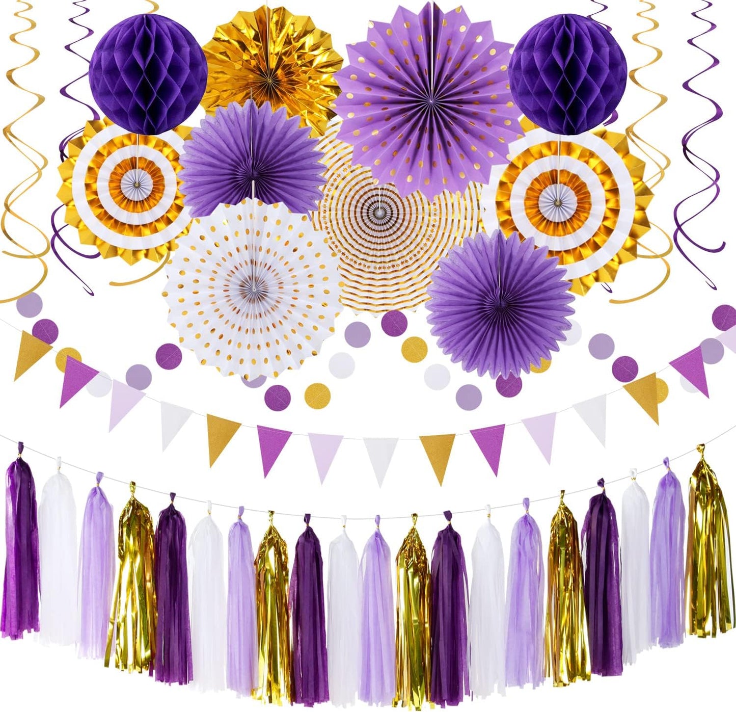 Purple-Gold Graduation Party-Decoration - 33pcs Kits Banner, Streamers Tassel Garland,Tissue Pom Poms Honeycomb, Paper Lantern Fans,Wedding Girl Birthday Baby Bridal Shower Decor Hugtmr