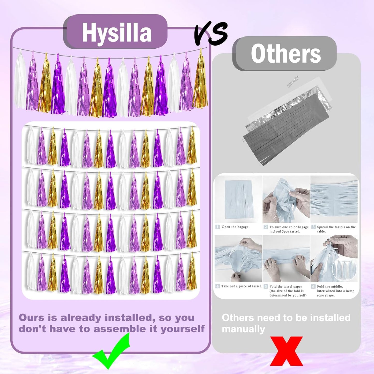 6P Purple-Gold Party Decoration Tassel Garland, Tassels Banner Streamers for Parade Floats, Bachelorette, Wedding, Birthday, Graduation, Christmas, Bridal/Baby Shower Party Decorations