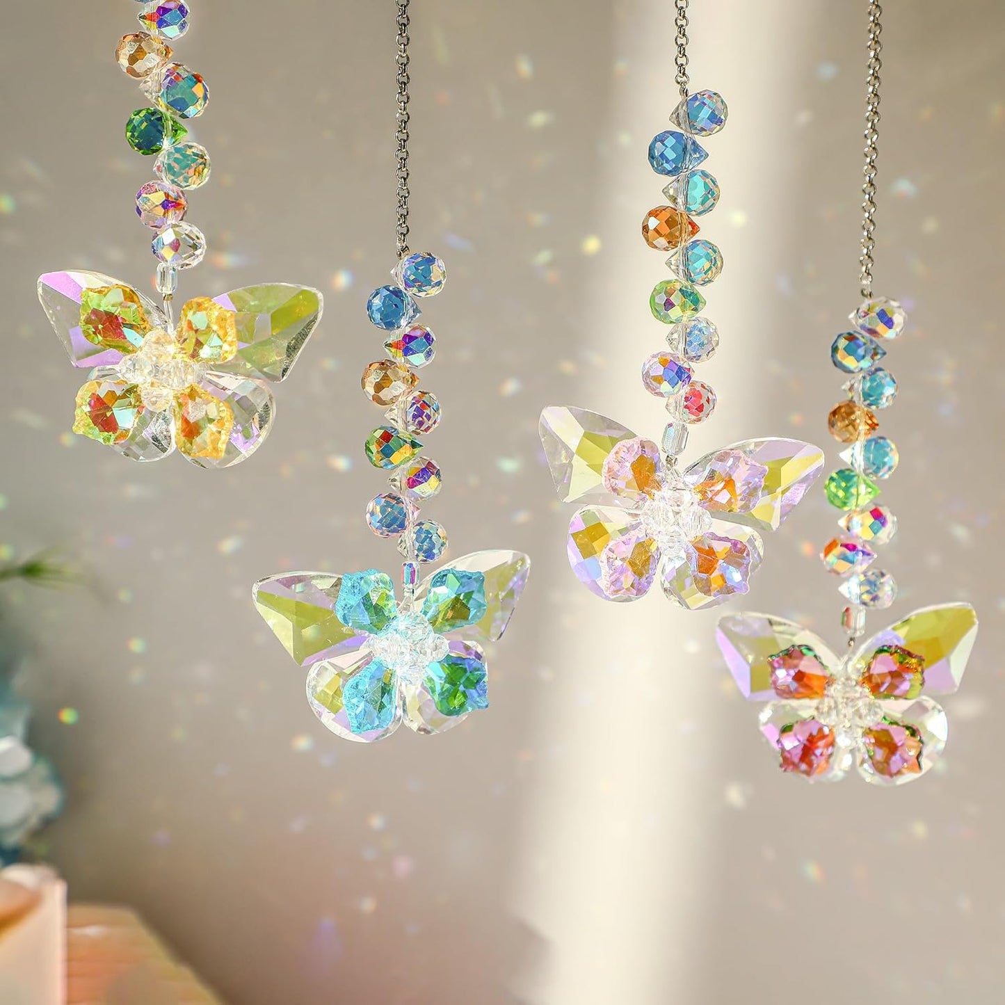 HDCRYSTALGIFTS 4pcs Crystal Butterfly Suncatchers for Window Hanging Ornaments, Rainbow Maker Sun Catchers Indoor Outdoor Patio Garden Decor Gifts