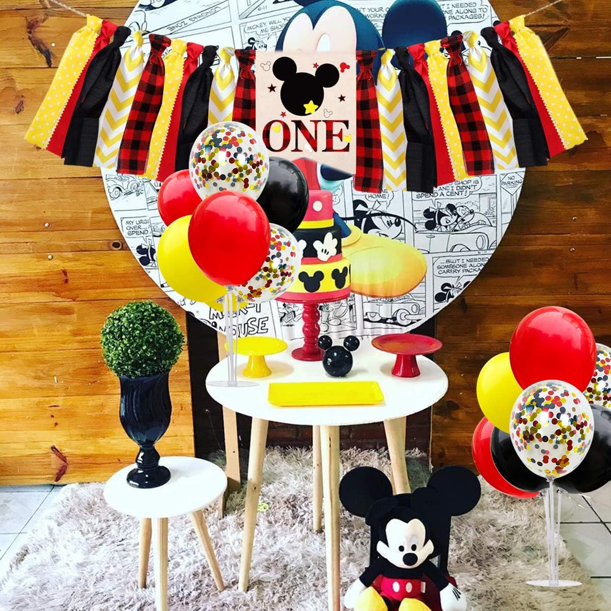 TONIFUL Mouse Birthday Table Decorations Red Yellow Black Table Centerpiece Balloons Stand Holder Kit for Mouse Theme Favor Baby Shower Kids Party Supplies