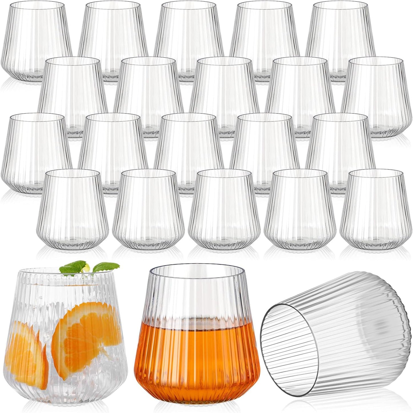 Suclain 60 Pcs Plastic Wine Glasses Ribbed Stemless Wine Glasses 14oz Vertical Design Unbreakable Cups for Outdoor Indoor Vintage Elegant Champagne Whiskey Glasses for Christmas Party Wedding (Clear)