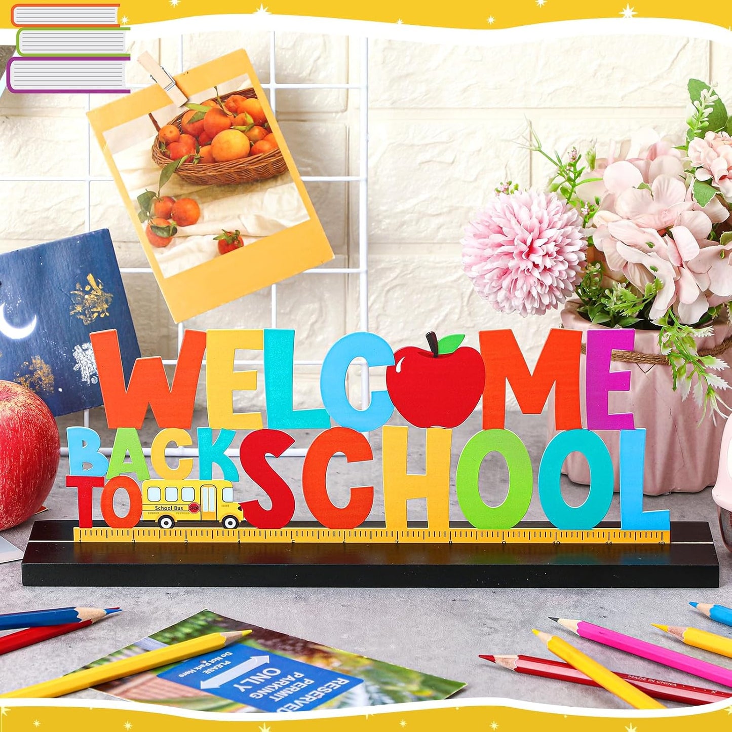 Welcome Back to School Metal Sign First Day of School Table Decor Metal Word Sign with Wooden Base for Classroom Teacher Party Favor Supplies Tiered Tray Decor Shelf Tabletop Decorations