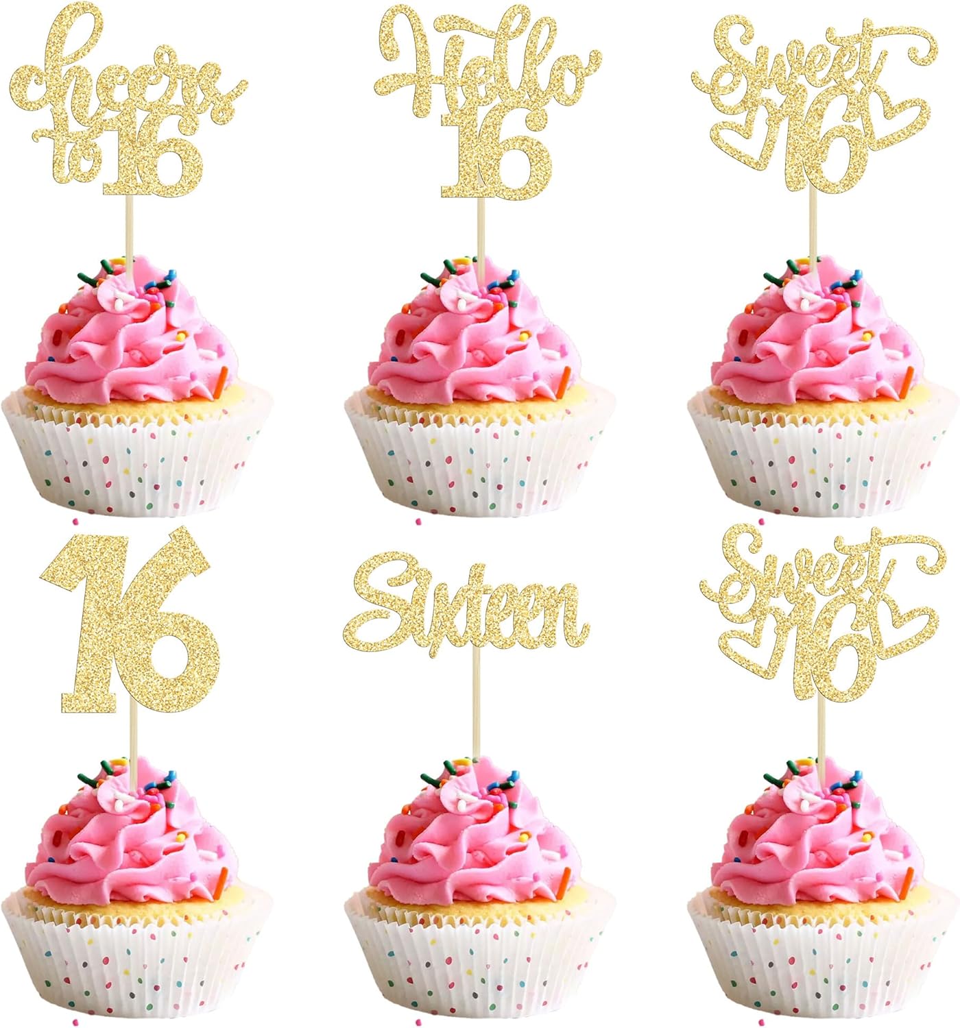 30pcs 16th Birthday Cupcake Toppers - Sixteen Happy 16th Cupcake Picks - Cheers to Sweet 16 Cake Decorations - Gold Glitter