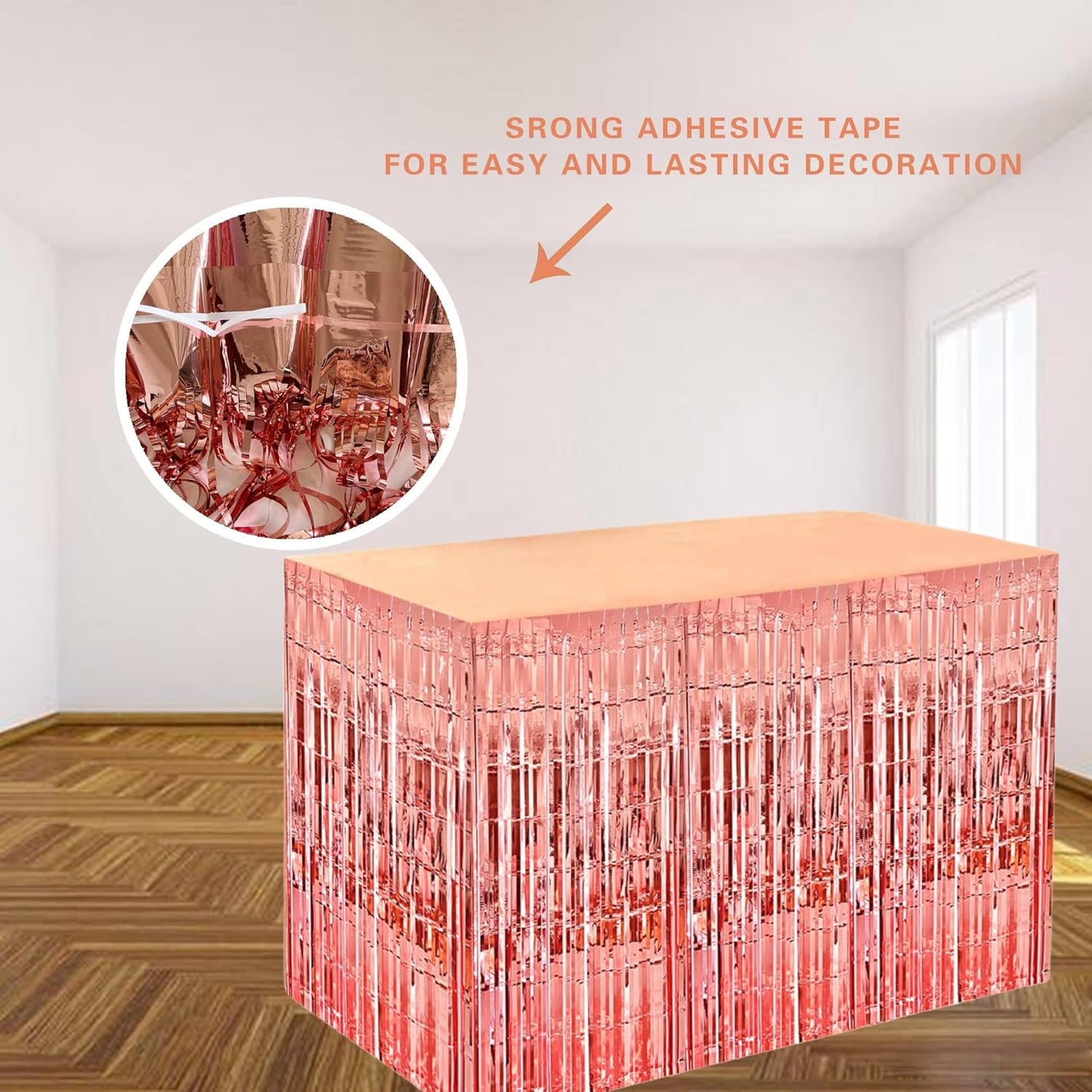 Rose Gold Streamers Party Decorations, 2 Packs Rose Gold Table Skirts Metallic Foil Fringe Tinsel for Bachelorette Birthday Wedding Graduation Float Parade Party Supplies - 29x108 Inch