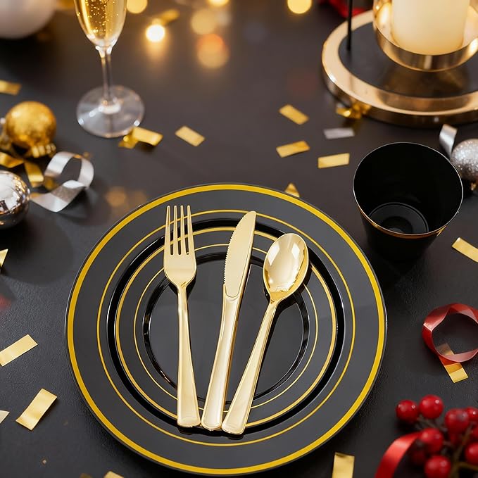WELLIFE 350PCS Black and Gold Plastic Plates - Plastic Dinnerware Set for 50 Guests,Include 50 Dinner Plates, 50 Dessert Plates, 50 Black Cups 9 OZ, 50 Pre Rolled Napkins with Gold Silverware