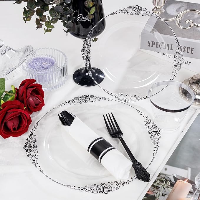 Hioasis 350pcs Clear and Black Plates - Black Party Plates for 50 Guest, Include 100 Heavy-duty Plates(20% Thicker Than Standard), 50 Pre Rolled Gold Plastic Silverware Set, 50 Cups