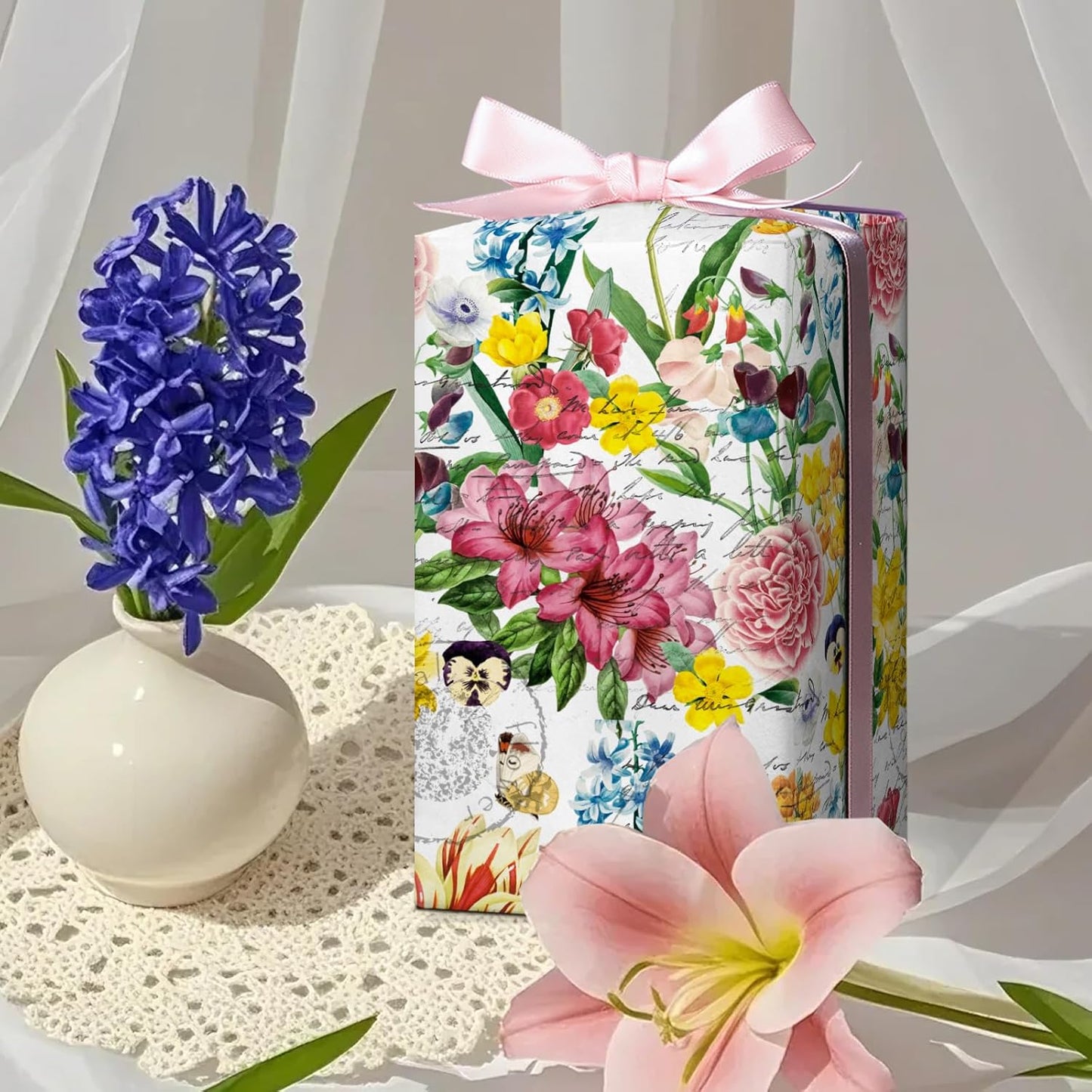 WRAPAHOLIC Floral Wrapping Paper Roll - Mini Roll - 17 Inch x 33 Feet - Garden Flower Wrapping Paper, Perfect for Girls Women Birthday, Wedding, Bridal Shower