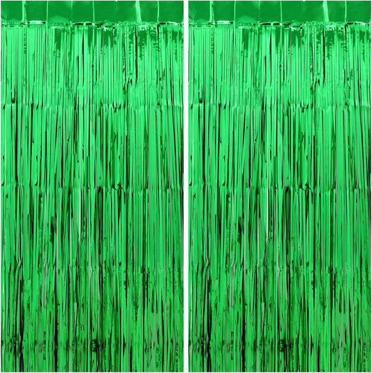 Green Streamers Party Decorations - Thicken 2 Pack 3.2 x 8.2 FT - Tinsel Foil Fringe Curtains Party Backdrop for Birthday, Dinosaur, Jungle, Football, Golf Party Decorations