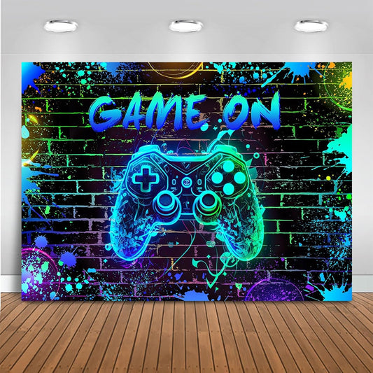Mocsicka Game On Backdrop Video Game for Boys Level Up Birthday Party Decoration Game Night Arcade Neon Glow Gamer Banner Photography Background (Blue, 10x7ft(120"x82"))