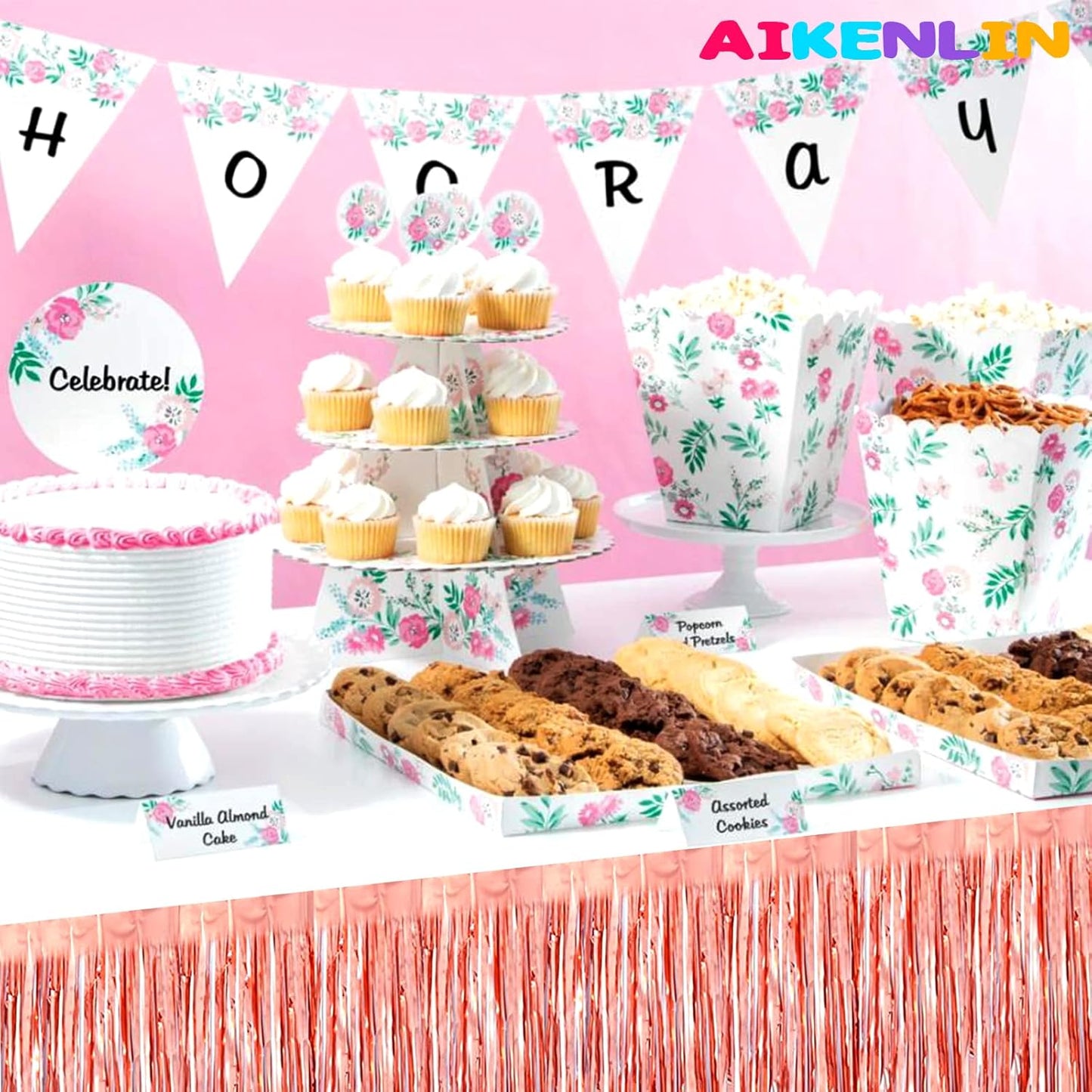 6 Pack 29x108 Inch Metallic Foil Fringe Tinsel Table Skirts Banner for Rectangle Tables Streamer Garland Curtains Backdrop for Wedding, Birthday, Parade Floats, Christmas Party Decoration(Rose Gold)