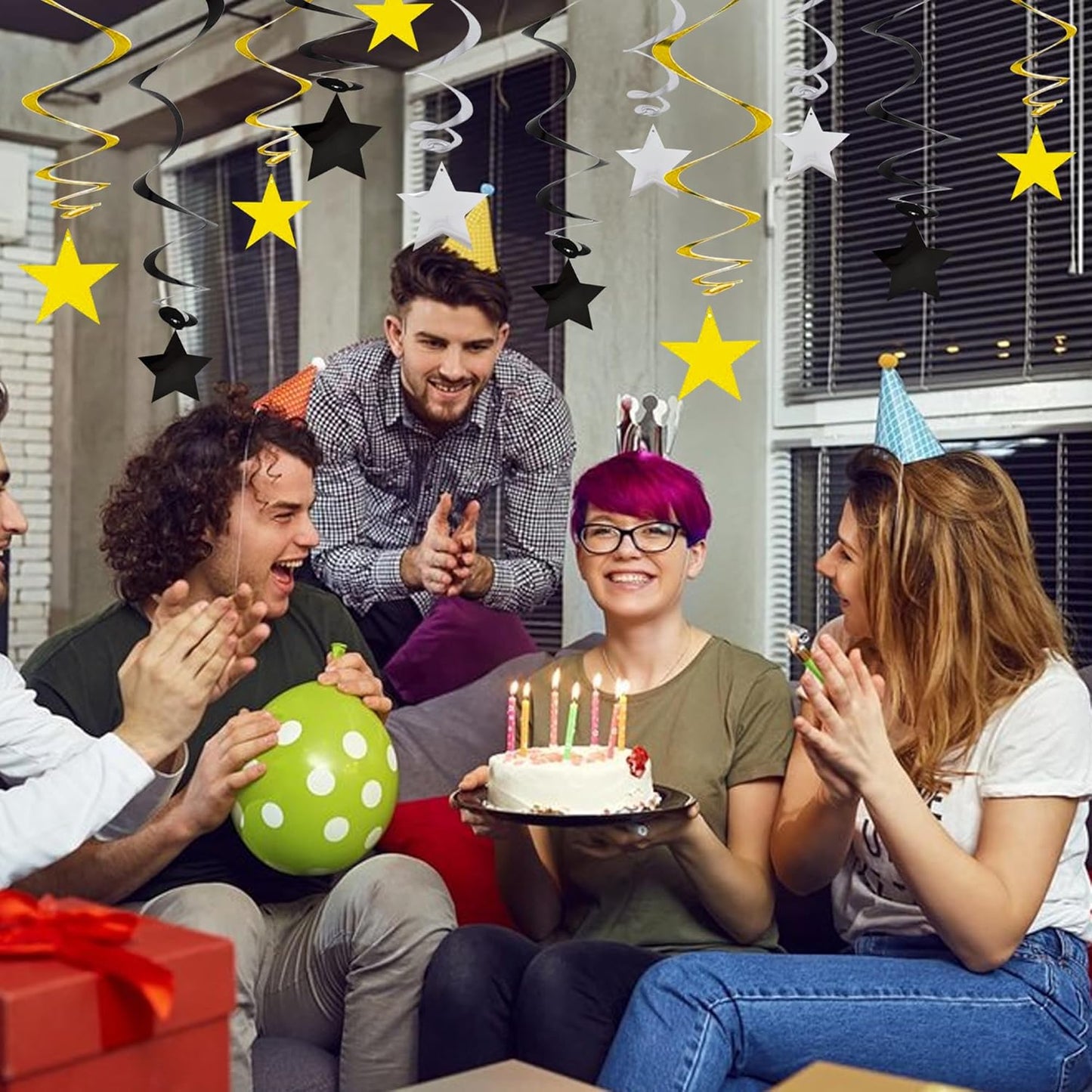 BEISHIDA Black Gold Silver Star Hanging Swirl Decorations,Graduation Birthday Hanging Party Supplies for Graduation Wedding Baby Shower Birthday Decorations,Pack of 15