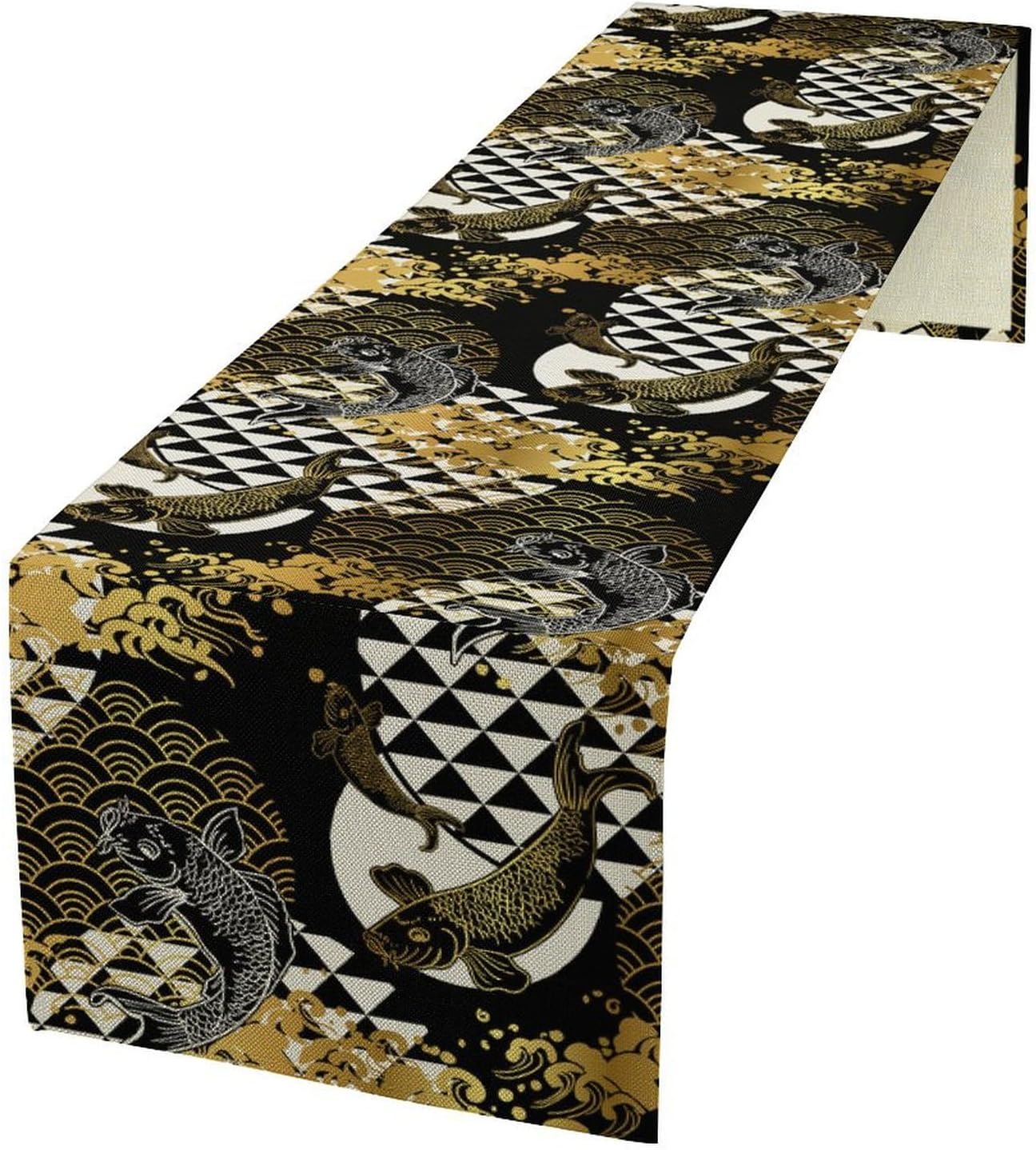 Japanese Table Runner Oriental Tradition Kio Fish Gold Art Printed Burlap Runner Home Kitchen Dining Table Living Room Decor Fabric 1 Panel W13xL90in