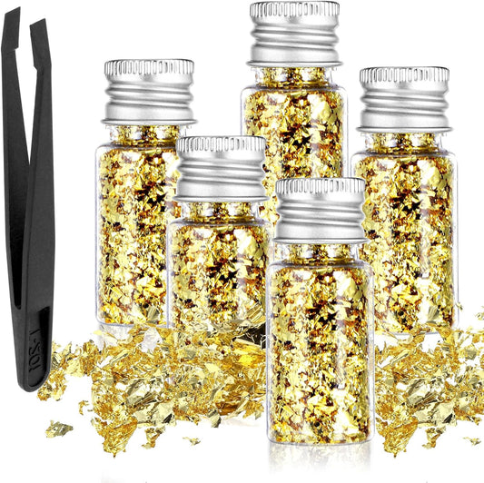 5Pcs Decorative Gold Leaf, Multifunction Gold Flakes Cake Decoration Baking Foil Decor with Plastic Tweezers for Cooking Dessert Steak Decoration Crafts Makeup