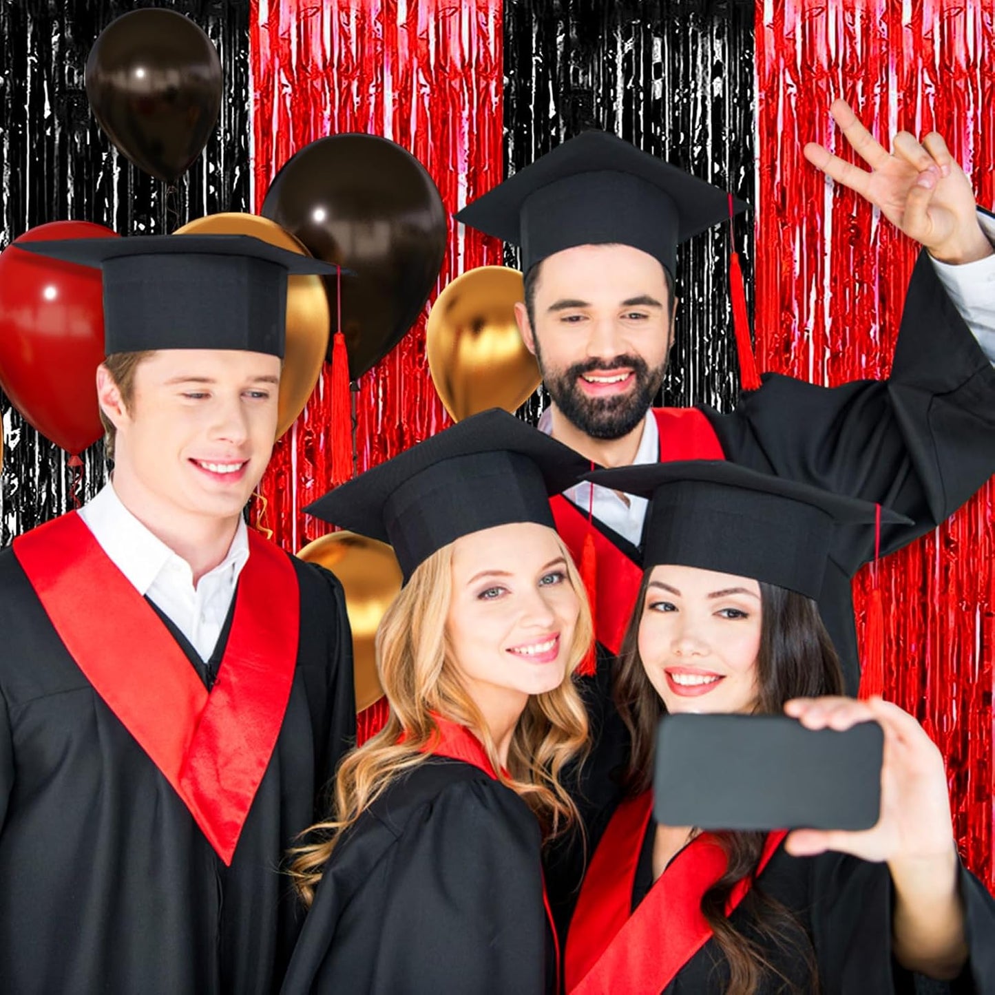 3 Pack Black Red Foil Fringe Curtain Backdrop, 3.28Ft x 8.2Ft Metallic Tinsel Foil Fringe Streamer Curtains for Photo Booth, Christmas Day, New Year, Wedding Party Decorations