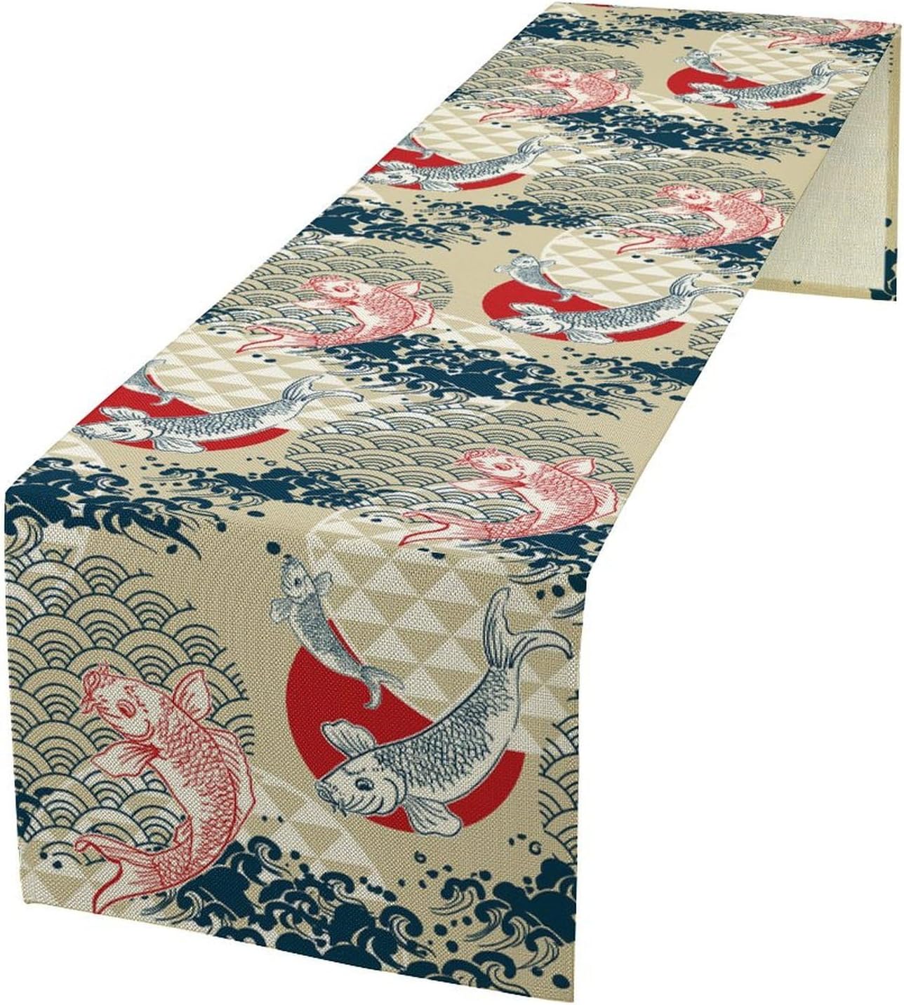 Japanese Table Runner Oriental Tradition Kio Fish Art Printed Burlap Runner Home Kitchen Dining Table Living Room Decor Fabric 1 Panel W13xL60in