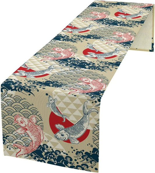 Japanese Table Runner Oriental Tradition Kio Fish Art Printed Burlap Runner Home Kitchen Dining Table Living Room Decor Fabric 1 Panel W13xL90in