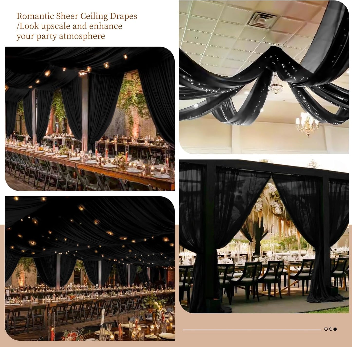 6 Panels Black Ceiling Drapes 5ftx10ft Wedding Chiffon Fabric Arch Draping Sheer Curtains Soft Drapery for Party Ceremony Stage Swag Decorations