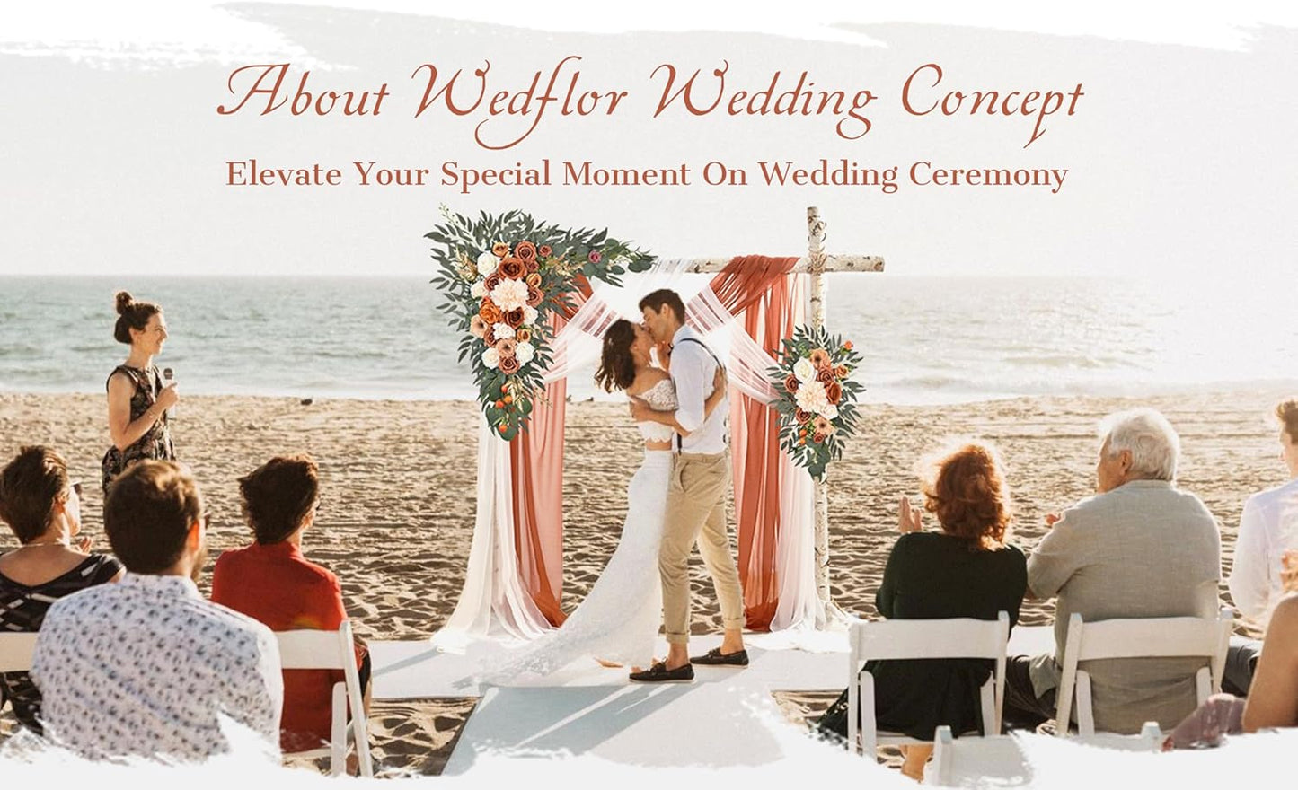 Wedding Arch Flowers with Drapes Kit (Pack of 4) - 2pcs Artificial Terracotta Deluxe Swag with 2pcs Sheer Drapes for Wedding Ceremony Arbor Reception Backdrop Rose Floral Decoration