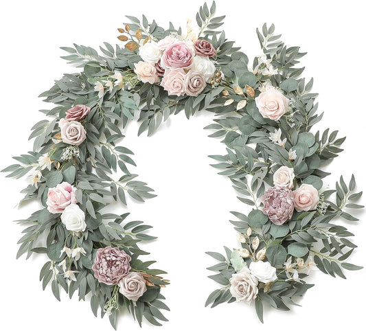 Floroom 6ft Artificial Eucalyptus Garland with Flowers Fake Greenery Faux Floral Vine Garland for Table Decor Wedding Centerpieces Bridal Shower Party Decorations, Garden Dusty Rose
