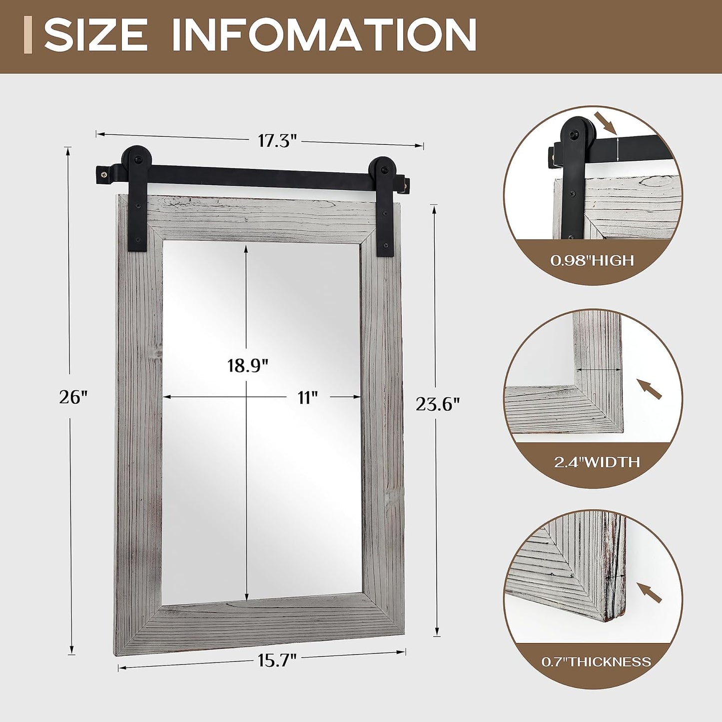 COGOOD Farmhouse Barn Door Mirror - 17 x 26 Rustic Wood Framed Wall Mirror for Bathroom, Living Room, Entryway Wall Decor (Grey)