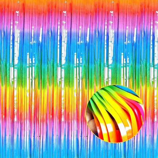 4 Pack Macaron Dark Rainbow Foil Fringe Curtain Backdrop, 3.28Ft x 8.2Ft Colorful Streamers Curtains for Party, Photo Booth Props, Birthday, 2022 Mother's Day Decoration Supplies