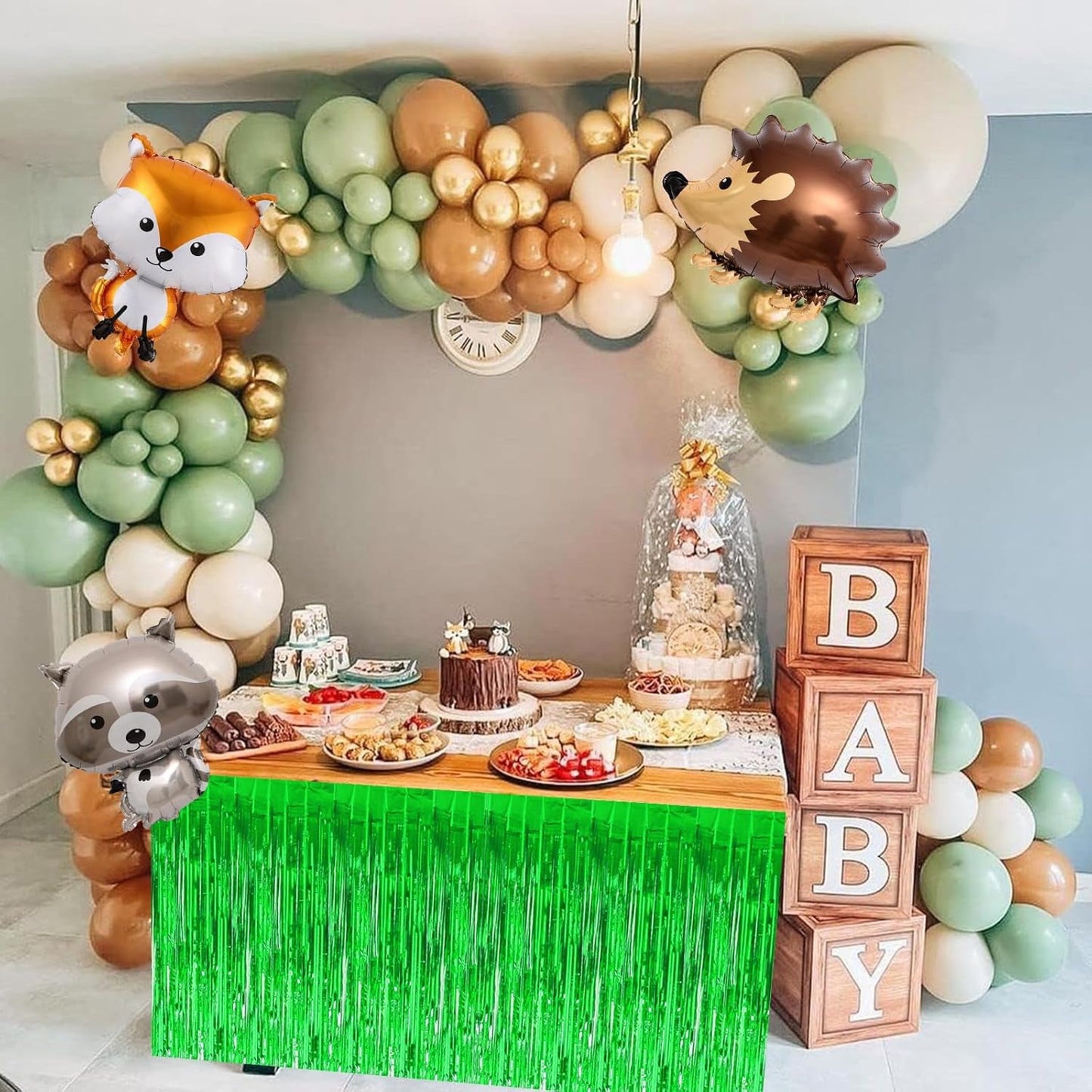 BEISHIDA 2 Pack Metallic Tinsel Foil Fringe Table Skirts for Rectangle & Round Tables Green Kids' Birthday, Holiday Party, Cartoon Party Decorations - Perfect for Birthday Baby Shower Festive Events