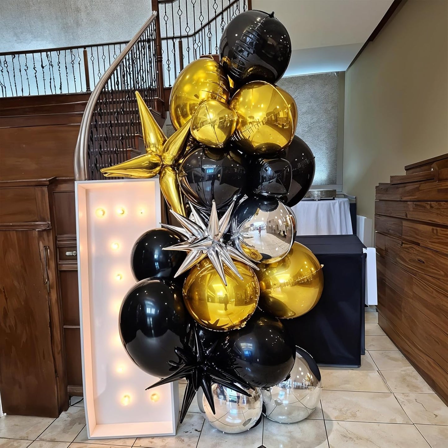 6Pcs Black Silver Round Foil Balloons, 22inch 4D Metallic Silver Black Balloons, Large Round Foil Ball Balloon for Birthday Graduation Christmas New Year Eve Disco Party Backdrop Decorations