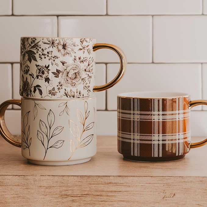 Sweet Water Decor Brown Delft Mug with Gold Handle, 14oz Fine Bone China Coffee Cup for Tea, Latte, or Hot Cider, Vintage Floral Fall Drinkware, Hostess & Housewarming Gift for Women & Teachers