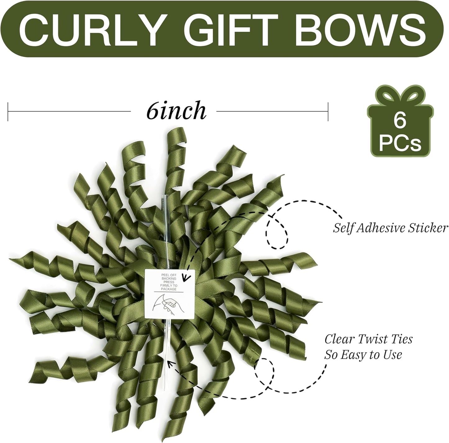 6 Inch Moss Curly Bows for Gift Wrapping Set of 6, Self Adhesive Bows Olive Green Gift Bows for Presents, Satin Ribbon Bows for Birthday, Wedding, Christmas, Bridal Shower