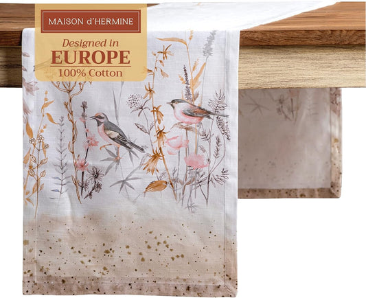Maison d' Hermine Table Runner 100% Cotton Single Layer Table Runners 108 inches Long Decorative for Home Dining Party Wedding Bridal Shower Spring Summer (Meadow Florals - Beige, 14.50" x 108")