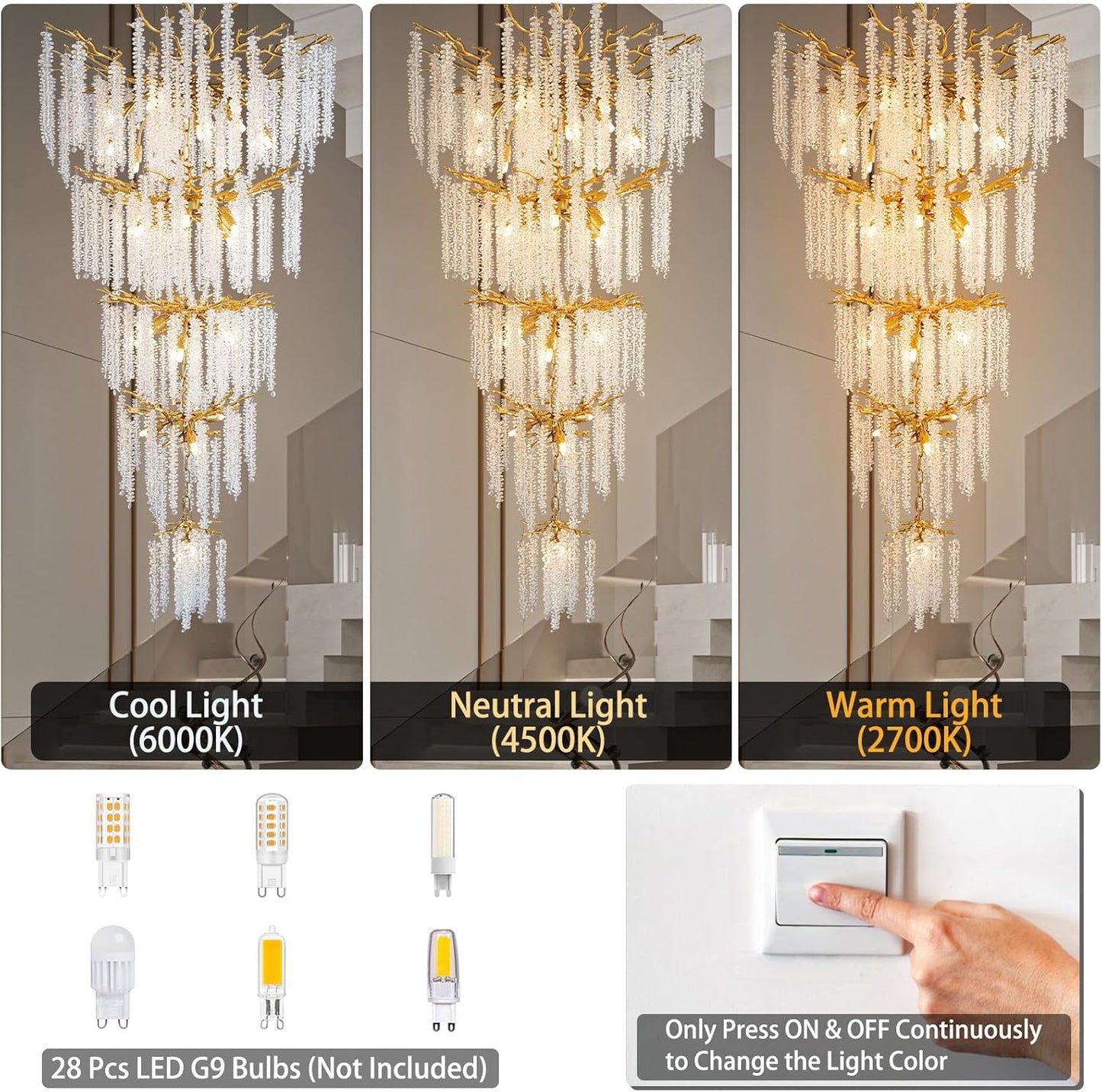 YUYI Upgraded 118'' Long Crystal Chandelier for High Ceiling, 28-Light Modern Gold Tree Branch Chandelier, Large Chandeliers for Foyer, Entryway, Staircase, 5-Tier Luxury K9 Raindrop Light Fixtures