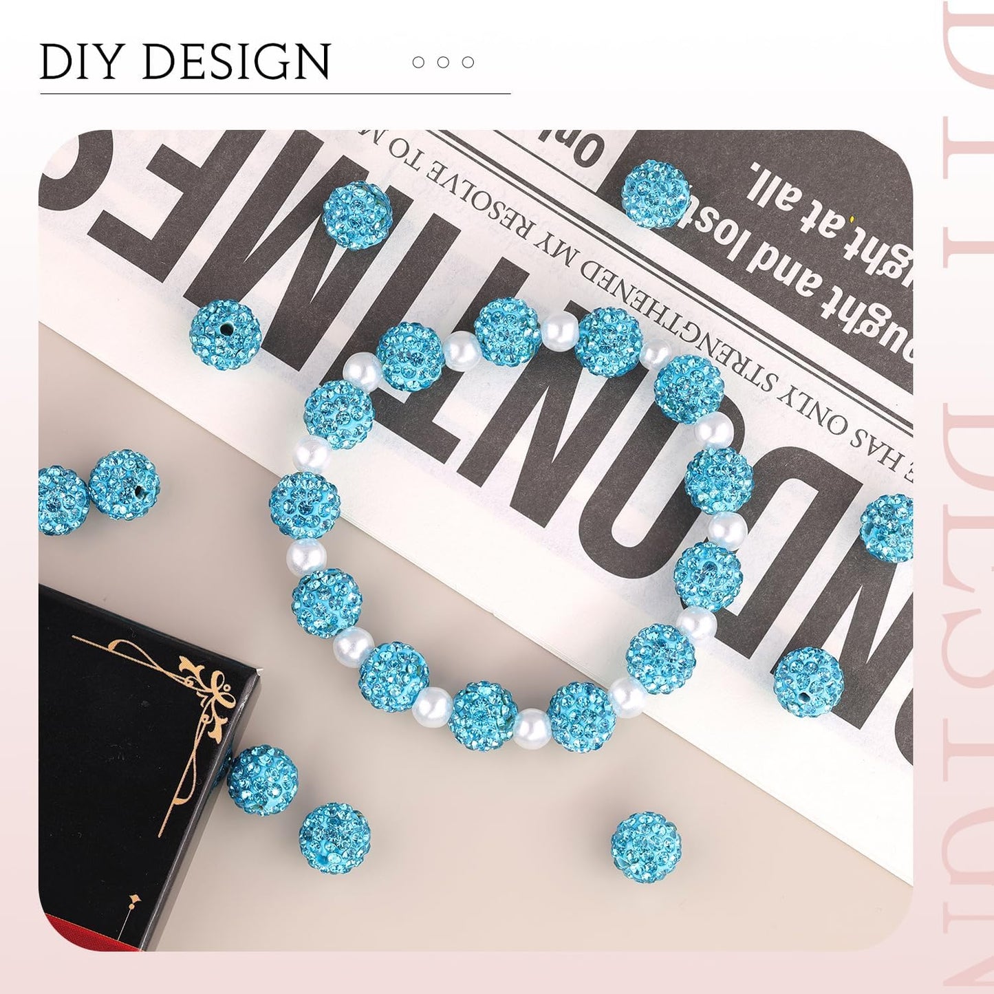 100 pcs 10mm Rhinestone Beads for Jewelry Making, Aquamarine Shiny Round Shamballa Disco Beads Bulk, Sparkle Crystal Clay Christmas for Bracelet Baseball Necklace Earring Crafting and DIY