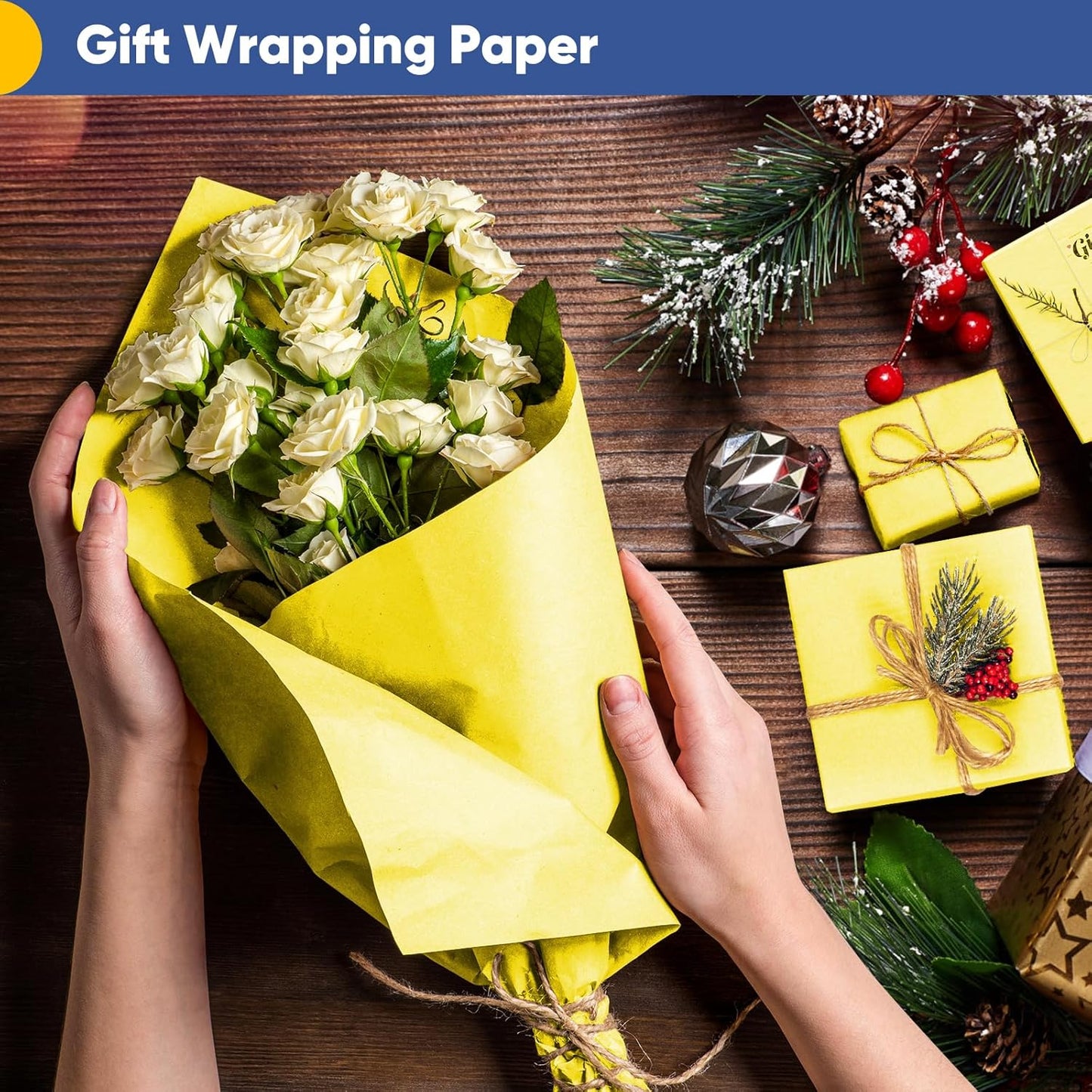 Vanhench 30"×1200"(100') Yellow Wrapping Paper Roll, Art Craft Paper, Color Bulletin Board Paper Bouquet Flower Wrapping, Perfect for Birthday, Mother's Day, Holiday, Wedding