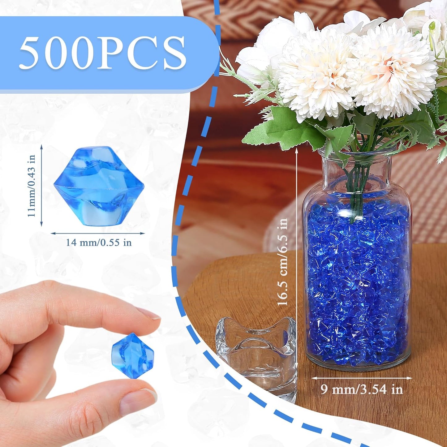 LAIDANLA 500PCS Blue Acrylic Gems Vase Fillers Fake Ice Cubes Plastic Diamonds Fake Crushed Rocks for Centerpiece DIY Party Table Scatter Prop Wedding Decoration Accessories