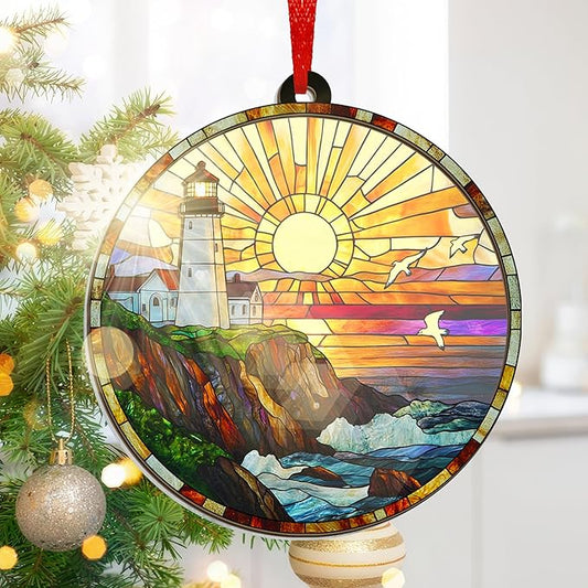 AVERXO Lighthouse Decor Christmas Decorations - Suncatcher Christmas Ornaments 2025 for Xmas Decorations - Lighthouse Gifts for Women Men, Boho Ocean Gifts for Women Men Mom Dad Ocean Lovers
