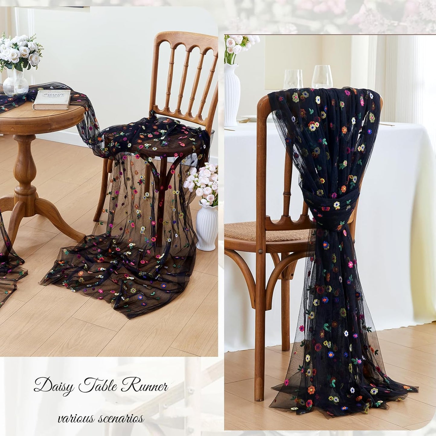 JIALE Black Floral Table Runner, Embroidery Daisy Seasonal Table Decorations, 120Inch 10FT Tulle Fabric for Home Decor, Bridal Shower Wedding, Baby Shower Parties, DIY Craft