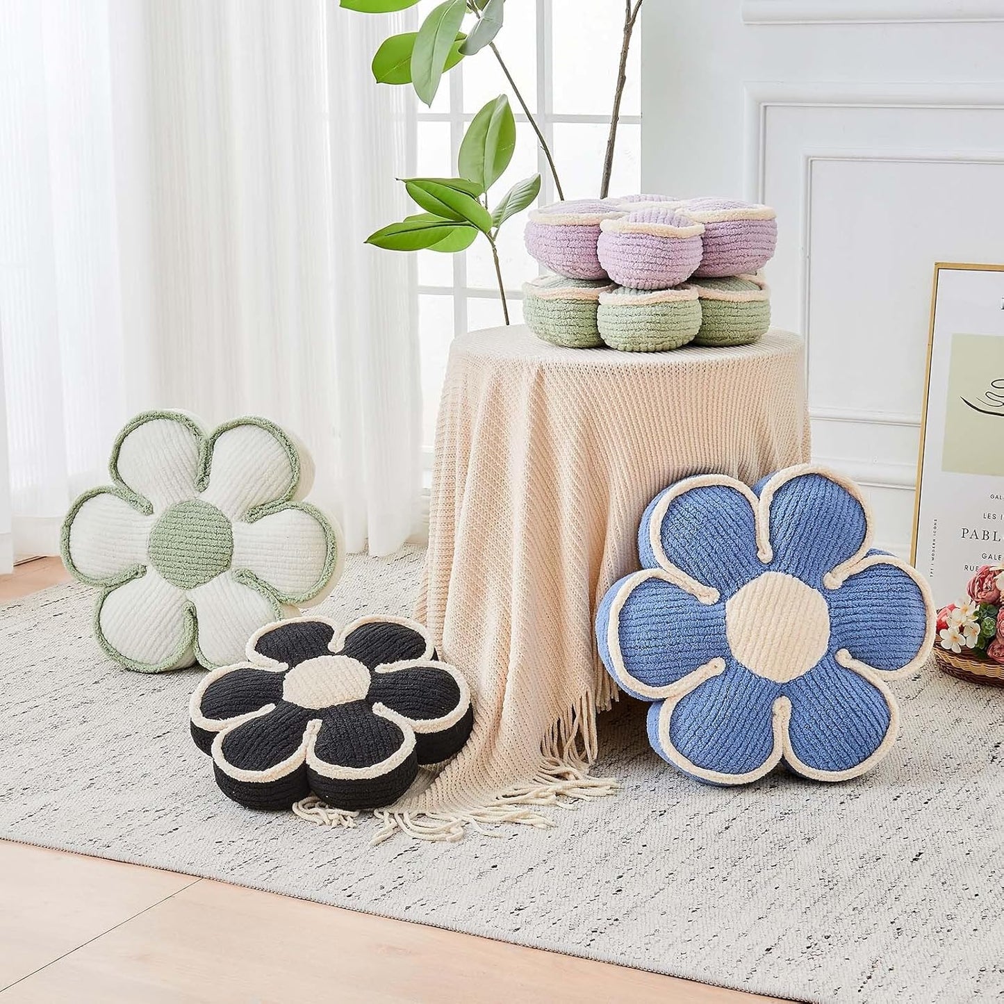 Flower Pillow, Soft Flower Decorative Throw Pillow, Cute Daisy Flower Shaped Seating Floor Cushion Room Décor Plush Pillows for Sofa Couch Bed (13.7 Inch, Blue)