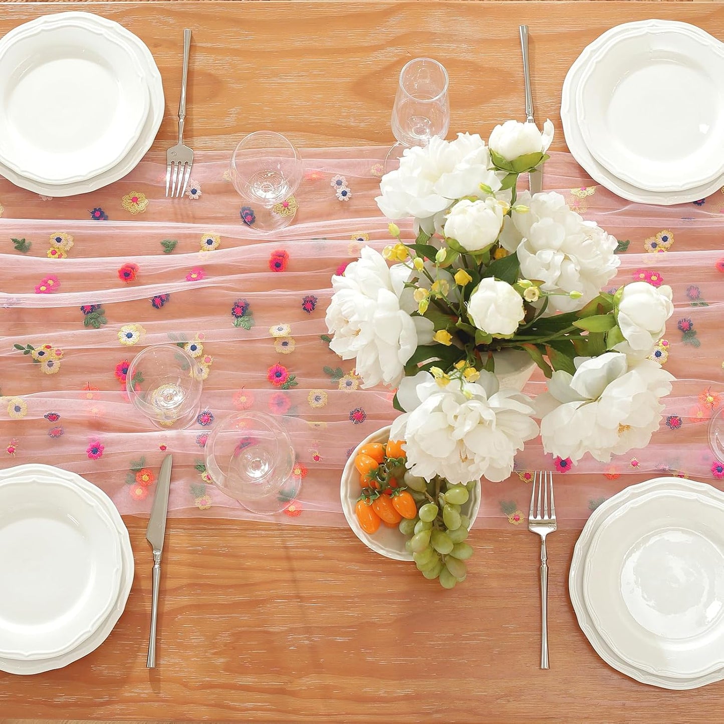 Pink Flower Tulle Table Runner 29x120 Inch Embroidery Florals Soft Sheer Tulle Fabric for Wildflower Party and Baby in Bloom Baby Shower Decorations