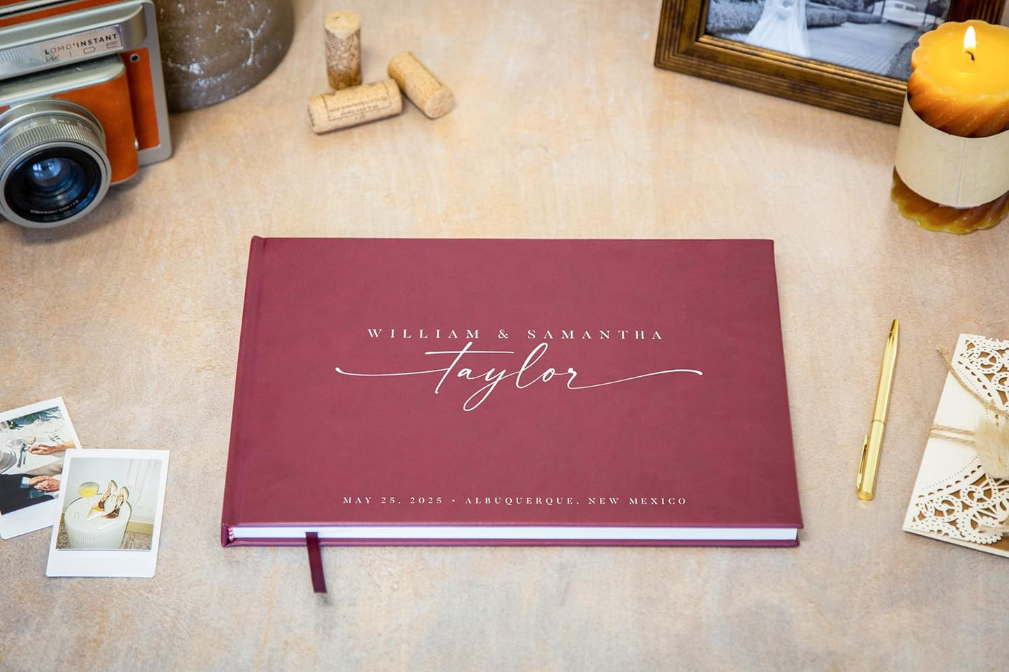 Personalized Guest Book - 11.5" x 8.5" Custom Bride & Groom Names with Bookmark and Hard Cover 140 GSM Blank Pages, for Weddings Guest Book, Engagements, Birthdays, Special Events, Wine