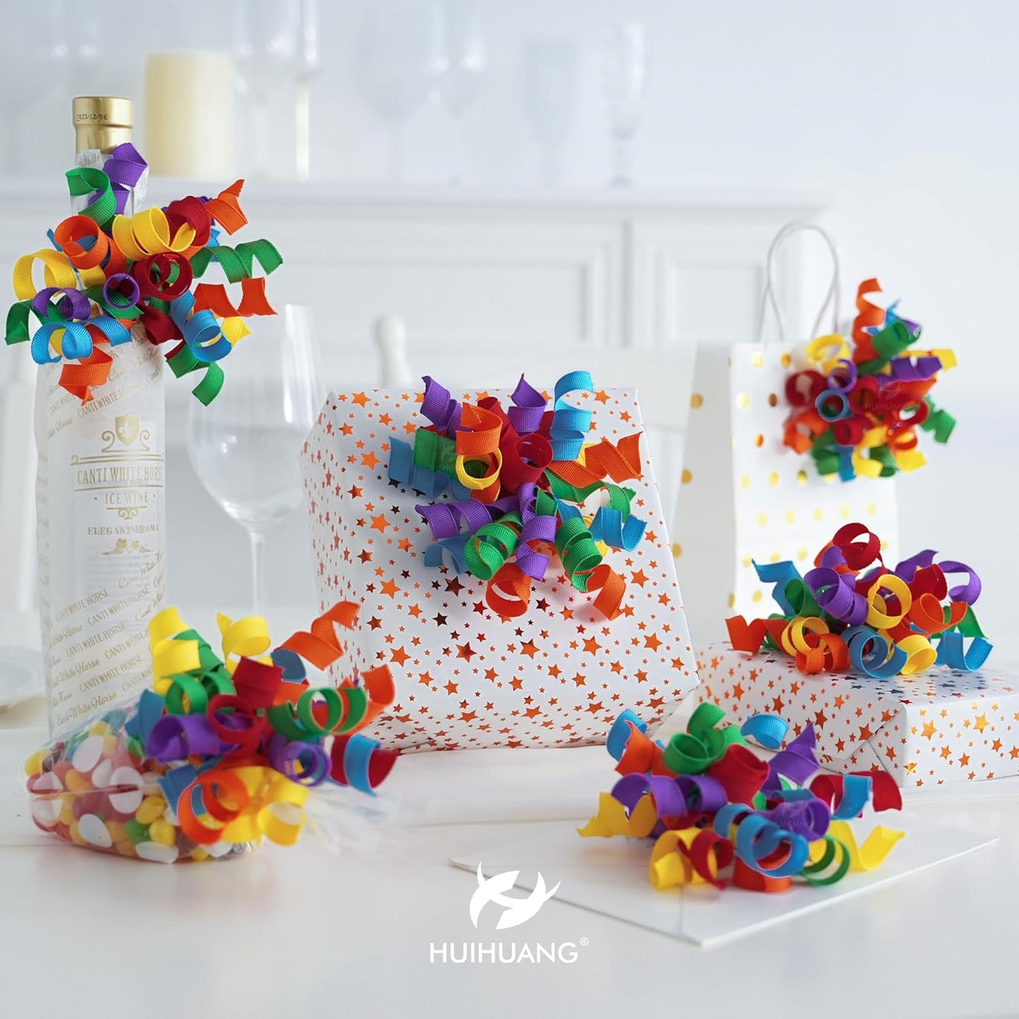 HUIHUANG Rainbow Bows for Gift Wrapping, Birthday Curly Ribbon Bows Self Adhesive Burst Gift Bow for Presents, Wine Bottle, Treat Bags, Birthday, Holiday Party Favors - 6 Counts