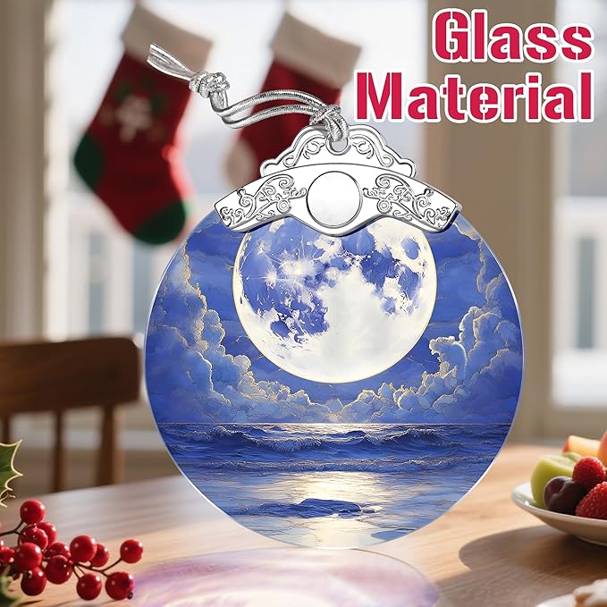 Christmas Ornaments: Stained Glass Ornament, Christmas Tree Ornament, Hanging Ornaments for Home Decor & Xmas Tree Decorations – Holiday Decor, Gifts & Holiday Present - Full Moon Over Ocean