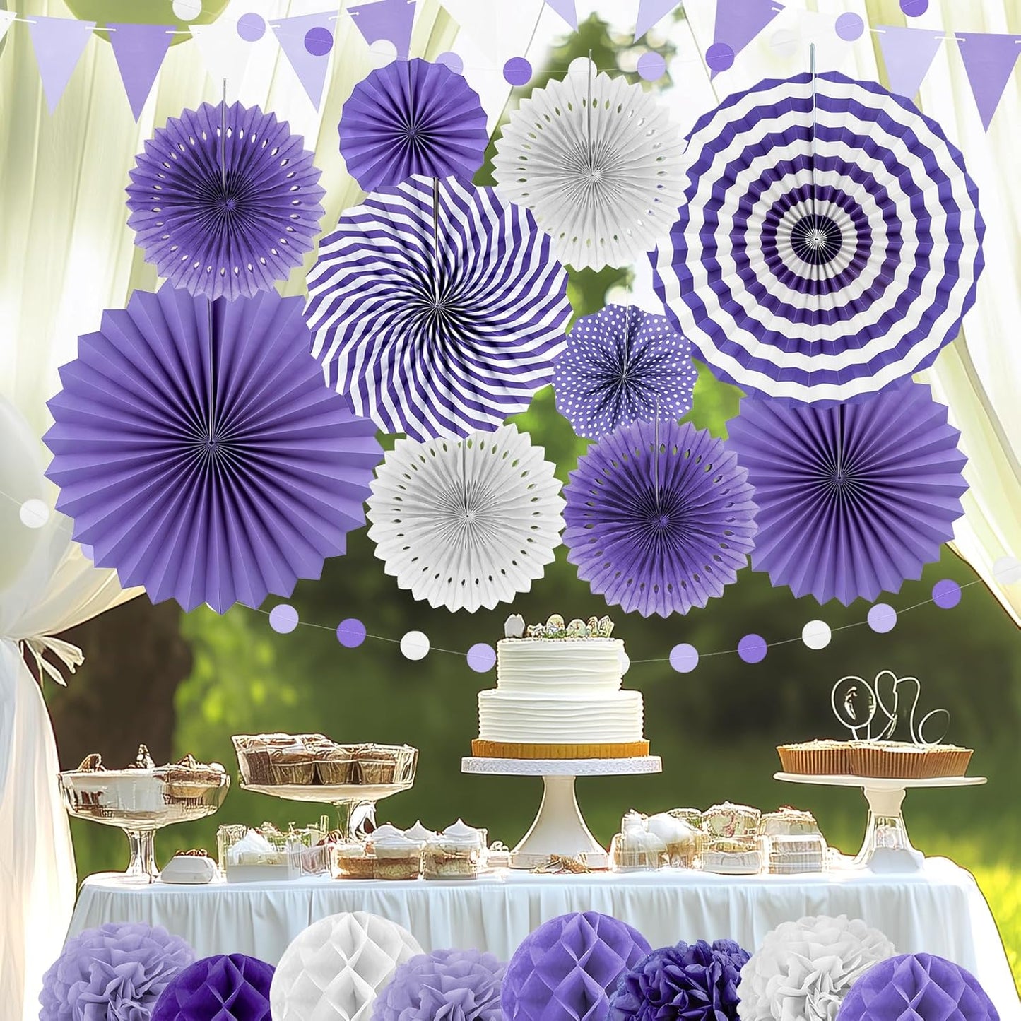Purple Party Decorations,23Pcs Lavender Birthday Decorations with Hanging Paper Fans,Pom Poms Flowers Packs for Girls Women Birthday Party, Bridal Shower,Baby Showers,Wedding