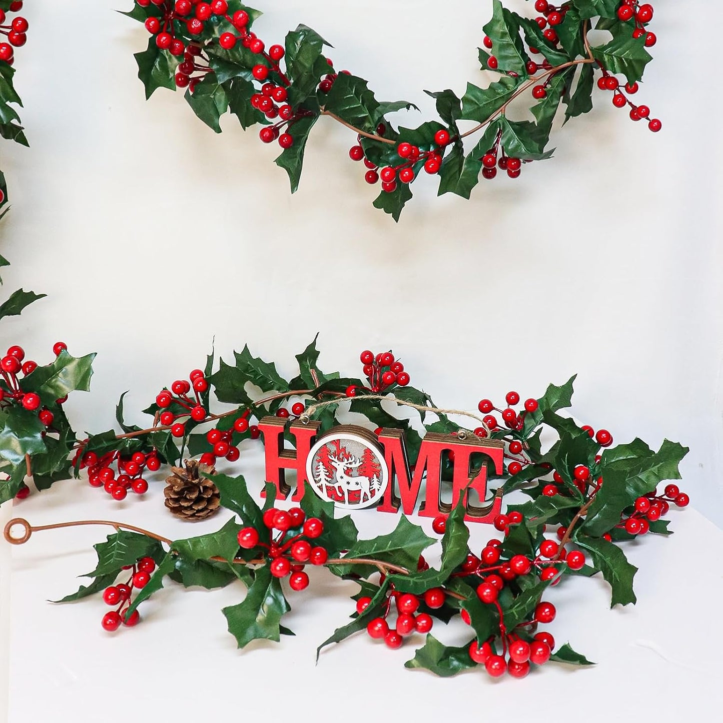 Uguisu 2pcs 5.6ft Red Artificial Christmas Garland,Eucalyptus Green Garland with Berry Flower Clusters,Artificial Vines for Fireplaces,Dining Tables,Christmas Parties