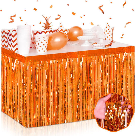 3 Pack 29 x108 Inch Orange Foil Fringe Table Skirts Metallic Banner for Tinsel Streamer Garland Backdrop for Parade Floats Wedding Thanksgiving Birthday Christmas Halloween New Year Party Decoration