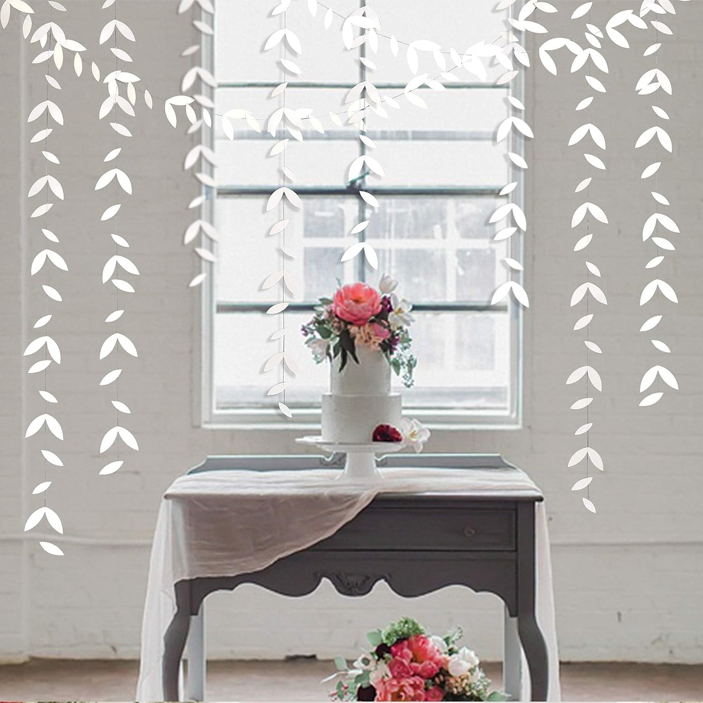 52 Ft White Party Decorations Leaf Garland Kit Paper Hanging White Leaves Streamer Banner for Wedding Engagement Bridal Shower Bachelorette Birthday Baby Shower Showcase Garden Party Decor (4 Packs)