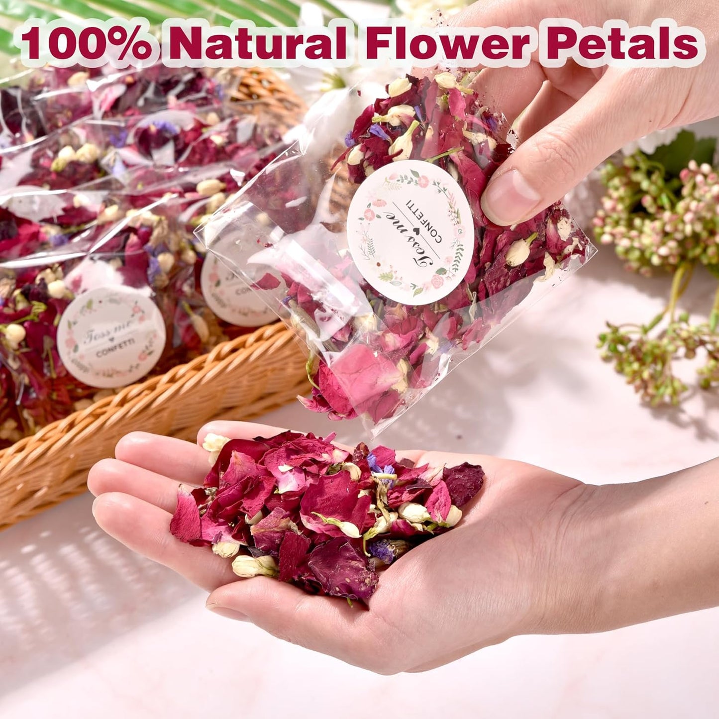 20 Pack Prefilled Confetti Packets,Biodegradable Flower Petals, Real Dried Flower Petals Individual Packing Rose Petals Wedding Send Off Ideas (Red Rose & Lavender & Lvory Jasmine Buds)
