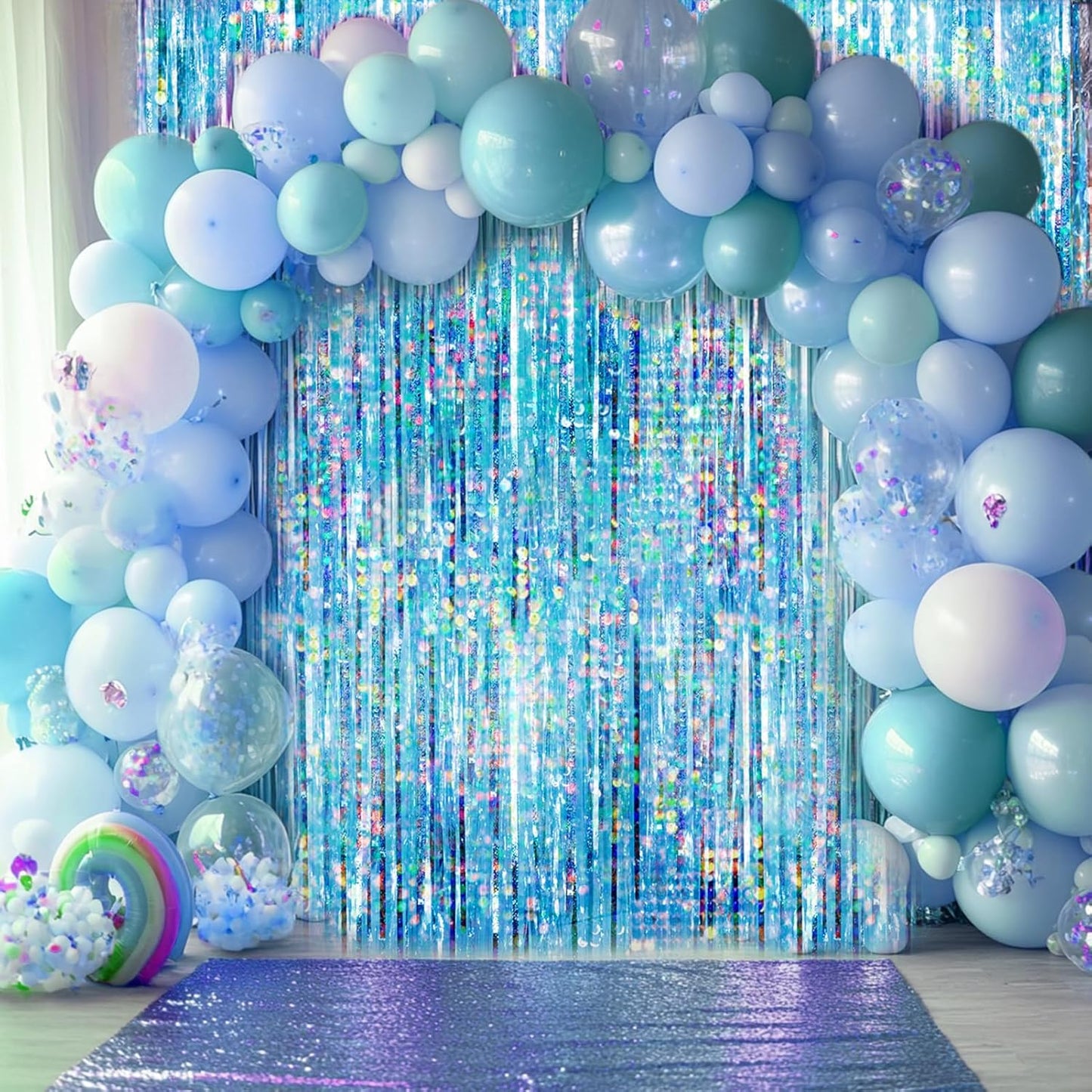 4 Packs Blue Foil Fringe Curtain, Light Blue Glitter Metallic Tinsel Backdrop for Birthday, Wedding, Baby Shower, Bachelorette, Ocean, Princess Party Decorations Supplies