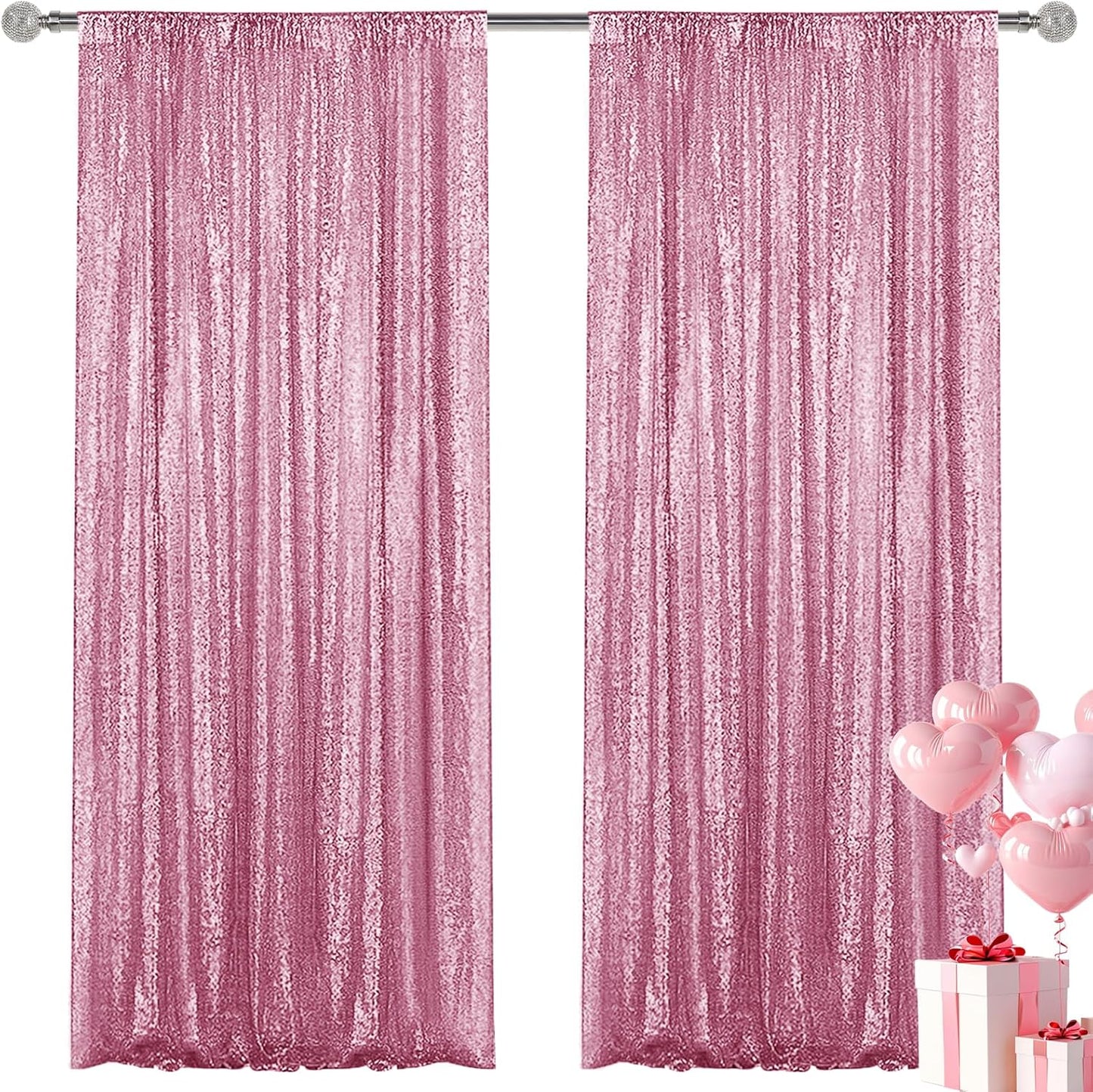 Pink Sequin Backdrop Curtain 2 Pieces 2FTx8FT Glitter Photography Backdrop for Party Wedding Birthday Christmas Decorations